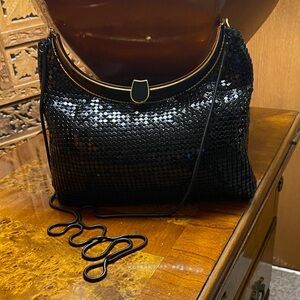 Vintage Black Metal Mesh Hobo Evening Bag Kiss Lock Shoulder Purse